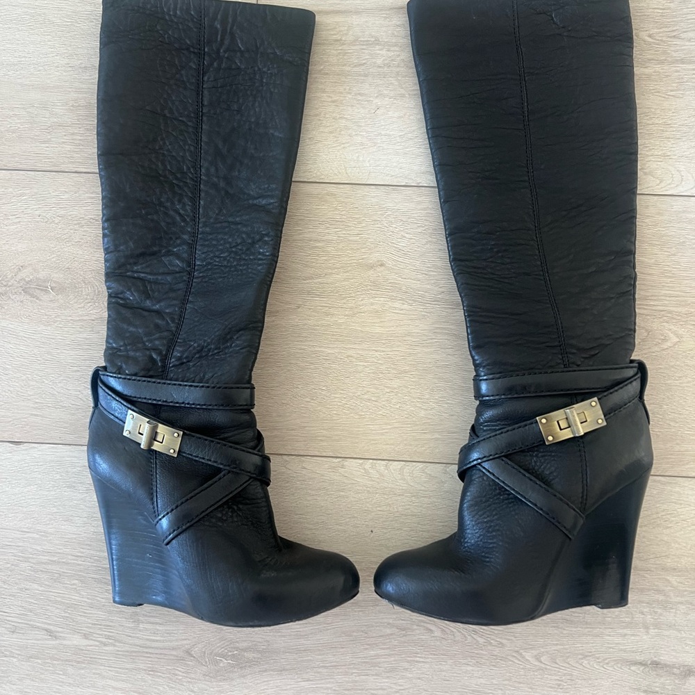BCBGMaxAzria Black Wedge Boots with Gold Buckle